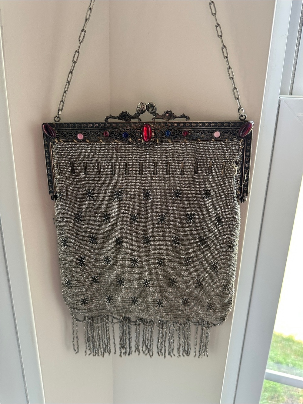 Vintage Beaded Fringe Evening Bag with Gemstone Frame - Silver